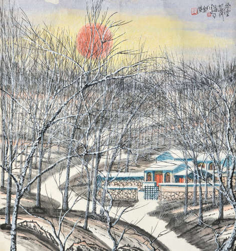 朱道平（b.1949）冬雪初霁 镜片 设色纸本