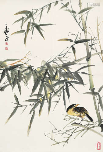 韩天衡（b.1940）翠竹小鸟 镜片 设色纸本