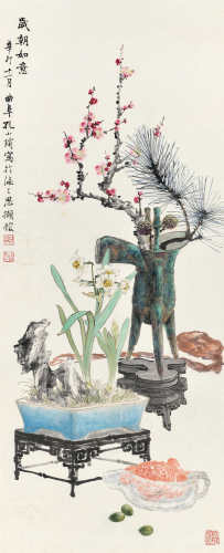 孔小瑜（1899～1984）辛卯 1951年作 岁朝如意 镜片 设色纸本
