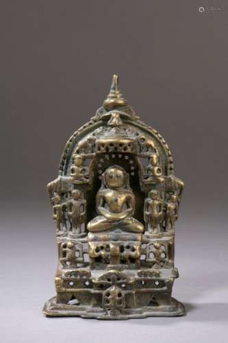 INDIA 15th / 16th century Small brass stele inlaid…