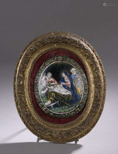 PLAQUE DE BÉNITIER in polychrome painted enamel wi…