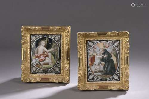 TWO PLAQUES in painted polychrome enamel with gold…