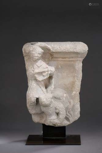 FRAGMENT of capital in carved limestone with two c…