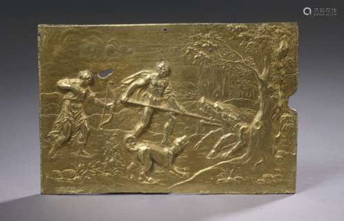 GOLDED METAL PLATE representing Meleagre killing t…