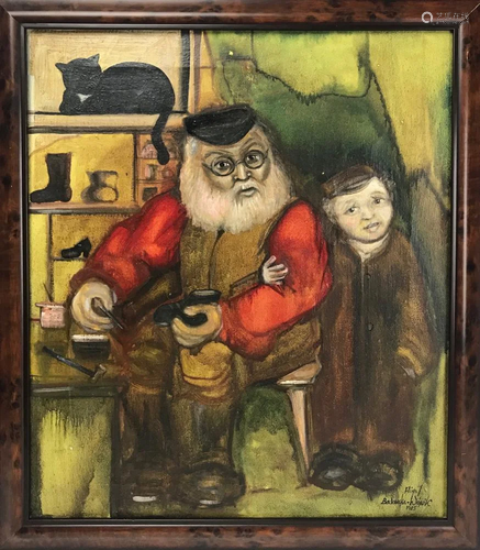 Shoe Cobbler with Grandson, Oil on Canvas