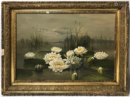 Signed WK, Pond with Lilies, Oil on Canvas