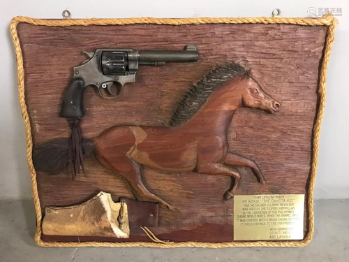 WWII Plaque, US Revolver, Wood Carving