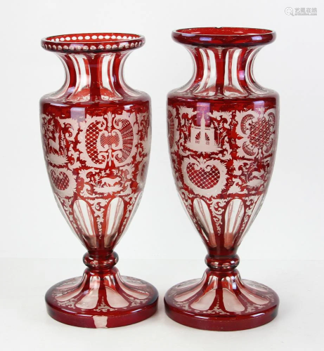 Pair of Bohemian Cut Ruby Glass Vases