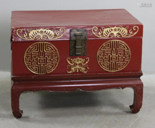 Chinese Red Painted Chest on Stand