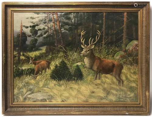 J Fery Signed, Deer in Woods, Oil on Canvas