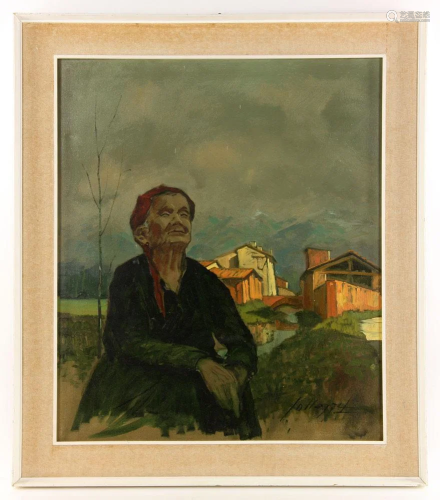 Sollazzi, Woman in Village, Oil on Canvas