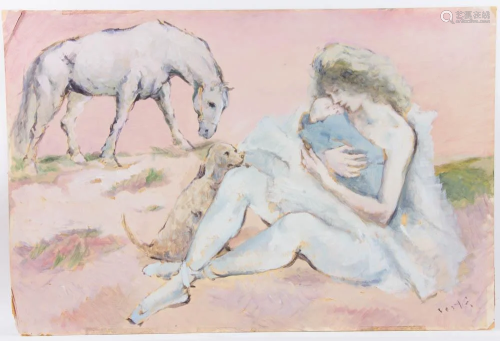 Woman and Child with Animals, Pastel Signe…