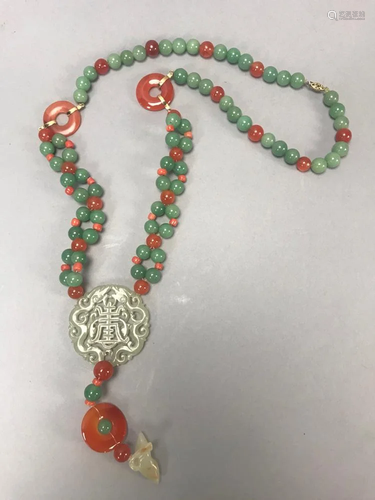 Chinese Jade, Coral and Carnelian Necklace