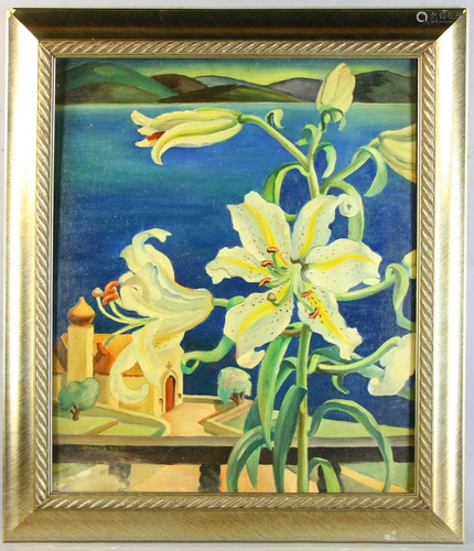 Charlotte Harrington Scott, Lilies, Oil on Board