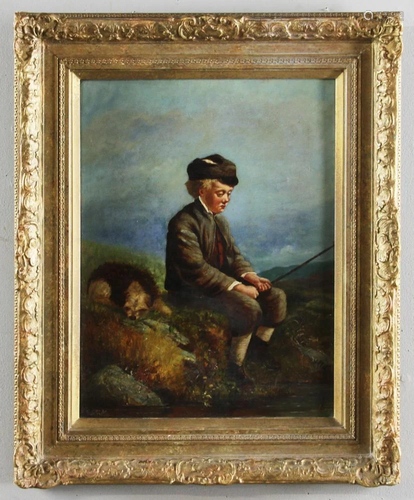 E Eric British School Boy with Dog, Oil on Board