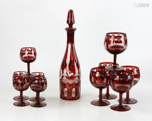 Bohemian Red Cut Glass Decanter and Glasses