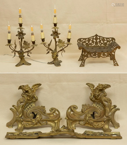 Pair of Candelabra, Brass Bench, Andirons