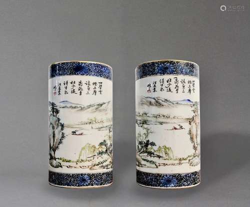 A Pair of 'Qianjiang' 'Landscape' Hat Stands
清光绪 浅绛彩青花山水帽筒 一对