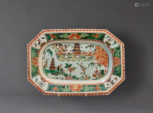 A Famille-Verte Meat Dish, Kangxi Period
清康熙 五彩山水景色倭角盘