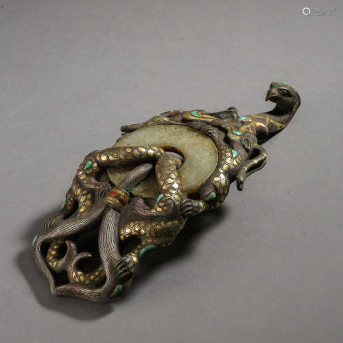ANCIENT CHINESE BELT HOOK INLAIDED WITH GOLD, SILVER AND JADE 中國古代錯金銀嵌玉帶鉤