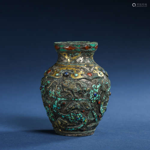 ANCIENT CHINESE SMALL VASE INLAIDED WITH GOLD AND SILVER 中國古代錯金銀小瓶