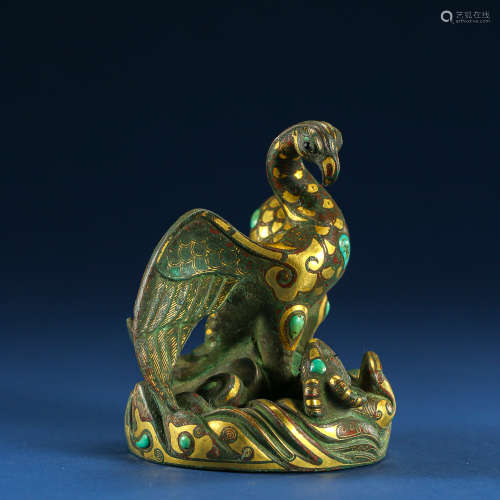 ANCIENT CHINESE PHOENIX FIGURE INLAIDED WITH GOLD, SILVER AND TURQUOISE 中國古代錯金銀嵌綠松石鳳鳥