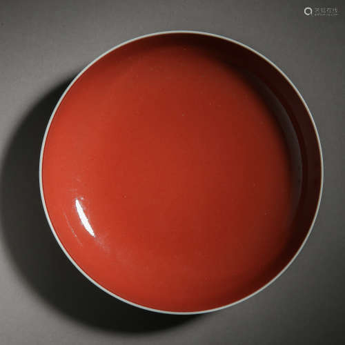 ANCIENT CHINESE RED GLAZED PORCELAIN PLATE 中國古代紅釉瓷盤
