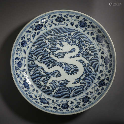 CHINESE ANCIENT BLUE AND WHITE PORCELAIN PLATE WITH DRAGON PATTERN 中國古代龍紋青花瓷盤