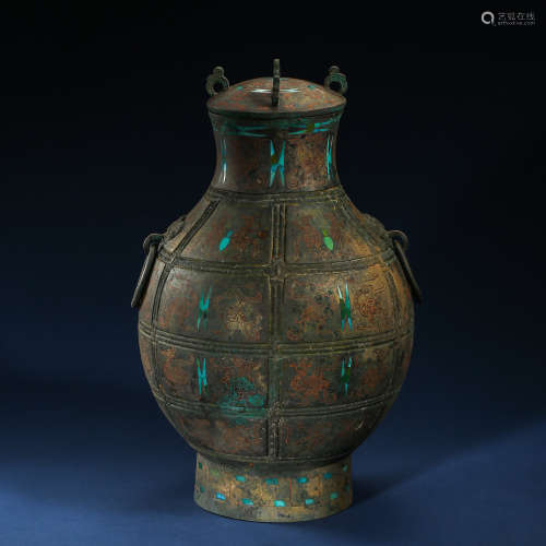 ANCIENT CHINESE BROZE POT  INLAIDED WITH COPPER AND TURQUOISE 中國古代錯紅銅嵌綠松石圓瓶