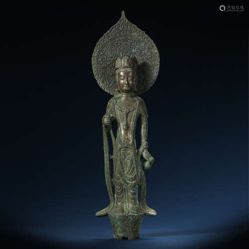 ANCIENT CHINESE STERLING SILVER STANDING STATUE OF GUANYIN 中國古代純銀觀音立像