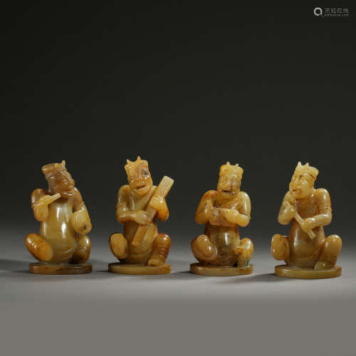 ANCIENT CHINESE HETIAN JADE MUSICAL INSTRUMENT FIGURINES 中國古代和田玉樂器俑