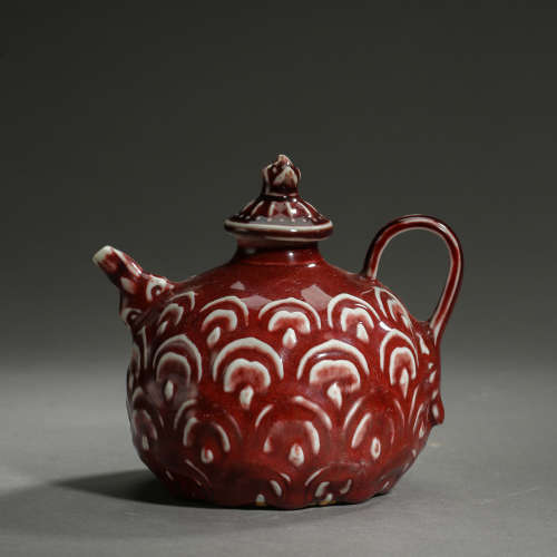 ANCIENT CHINESE RED AND WHITE GLAZED POT 中國古代青花寶石紅壺