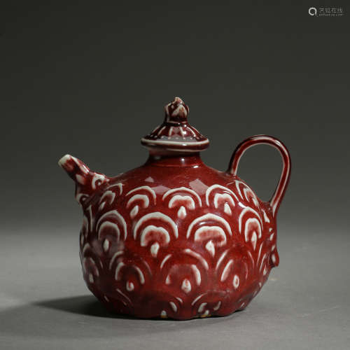 ANCIENT CHINESE RED AND WHITE GLAZED POT 中國古代青花寶石紅壺