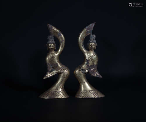 Two Bronze Gilt Dancers Tang Dynasty
