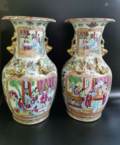 Pair Cantonese Famille Rose Vases Guangxu Period