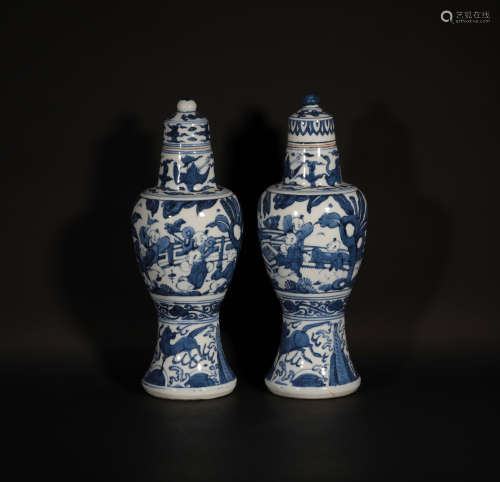 Pair Blue and White Figures in Landscape Vases Wanli Period Ming Dynasty