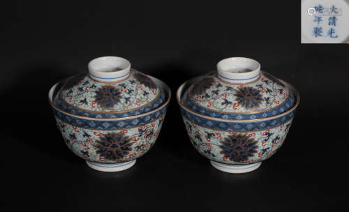 Pair Doucai Lotus Scrolls Cups and Cover Guangxu Period