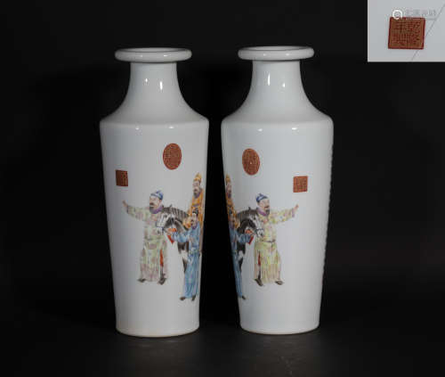 Pair Famille Rose Figural Vases Republic Period