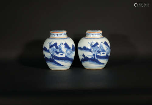 Pair Blue and White Jars and Cover Qianlong Period