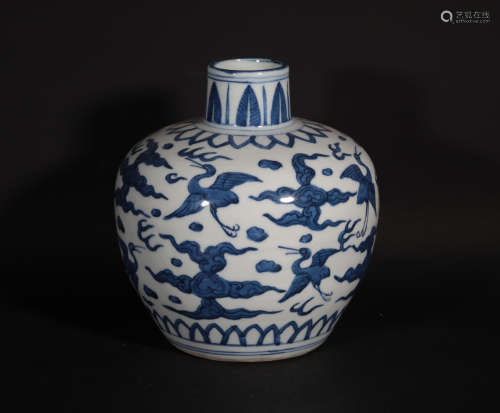 A Blue and White Cranes and Clouds Jar Wanli Period