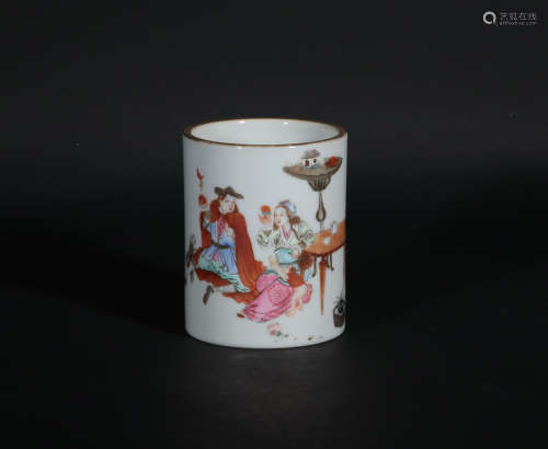 A Famille Rose Figural Brush Pot Qianlong Period