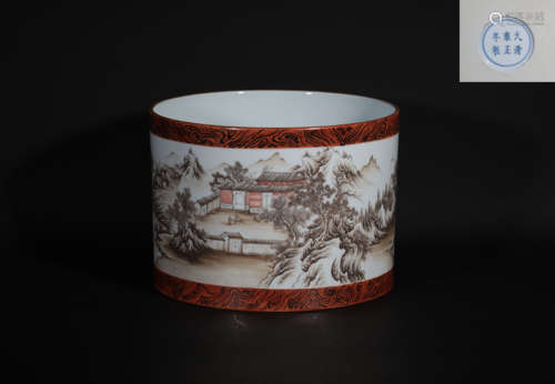 A Famille Rose Landscape Brush-pot Yongzheng Period