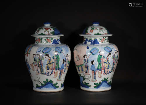 Pair Underglaze Blue and Famille Verte Garnitures Kangxi Period