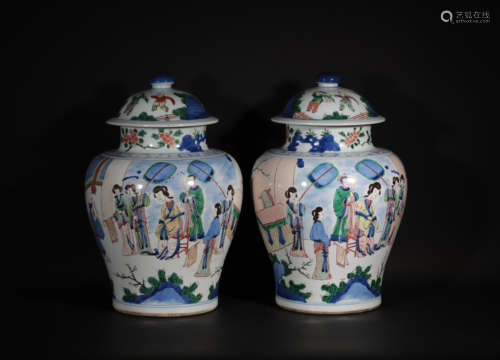 Pair Underglaze Blue and Famille Verte Garnitures Kangxi Period