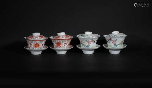 A Group of Famille Rose Cups and Covers Republic Period
