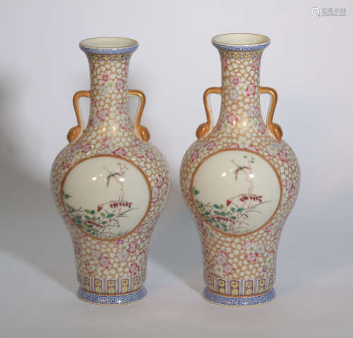 Pair Famille Rose Vases Qianlong Period