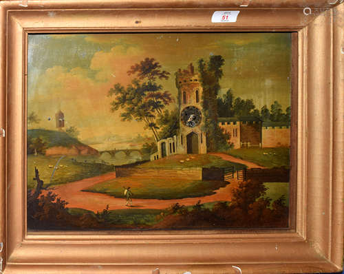 English School (19th Century), Landscape with Church, oil on tin picture clock, 29 x 41cm