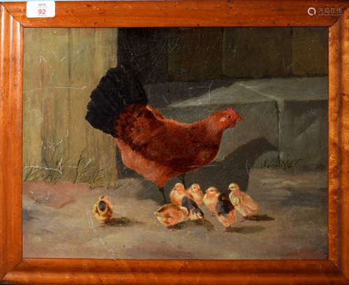 English School (19th/20th Century), Chicken with Chicks, oil on board, 29 x 39cm