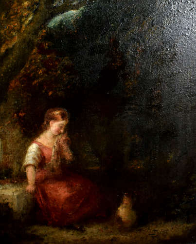 English School (19th Century), Seated Girl by a Fountain, oil on panel, 25 x 20cm