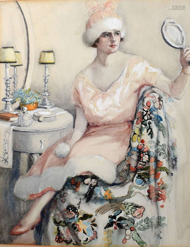 In the Manner of Lili Elbe, Art Deco Lady seated in a Bedroom, watercolour, 43 x 33cm